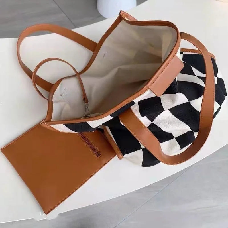 Women Plaid Shoulder Bags Canvas PU Patchwork Large Capacity Tote Bag