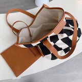 Women Plaid Shoulder Bags Canvas PU Patchwork Large Capacity Tote Bag