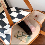 Women Plaid Shoulder Bags Canvas PU Patchwork Large Capacity Tote Bag