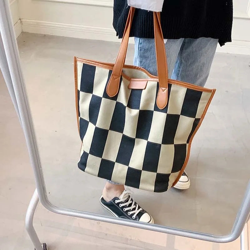 Women Plaid Shoulder Bags Canvas PU Patchwork Large Capacity Tote Bag