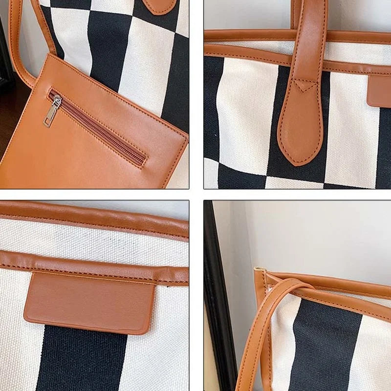 Women Plaid Shoulder Bags Canvas PU Patchwork Large Capacity Tote Bag