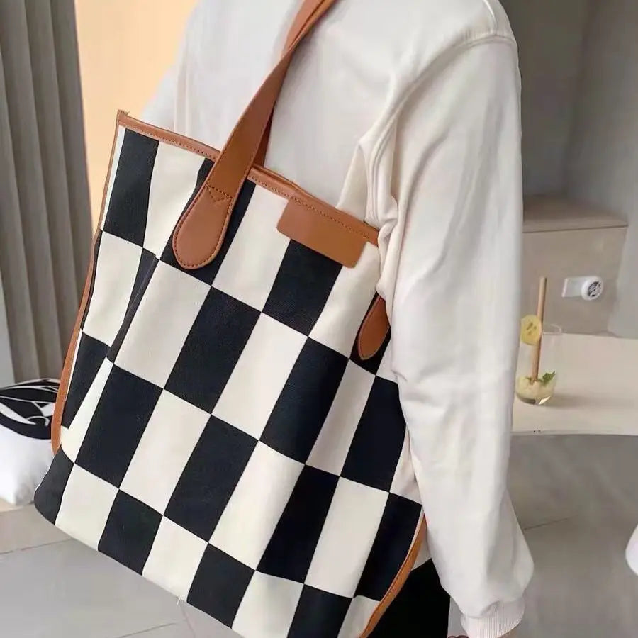 Women Plaid Shoulder Bags Canvas PU Patchwork Large Capacity Tote Bag