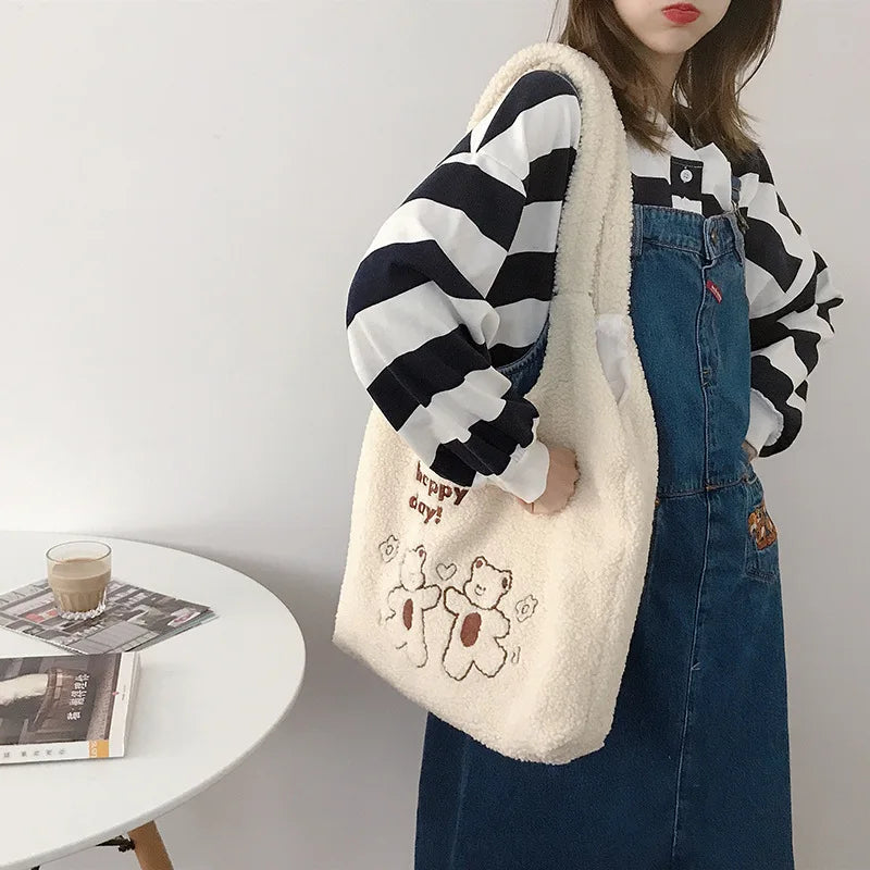 Plush Bear Embroidered Shoulder Tote Bag Canvas Soft Handbag