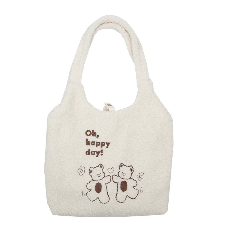 Plush Bear Embroidered Shoulder Tote Bag Canvas Soft Handbag