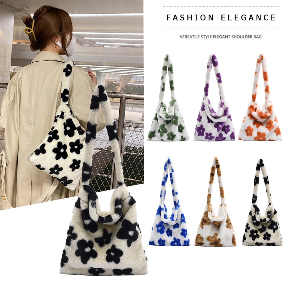 Women Plush Flower Pattern Shoulder Bag Winter Warm Fabric Shopping Bags