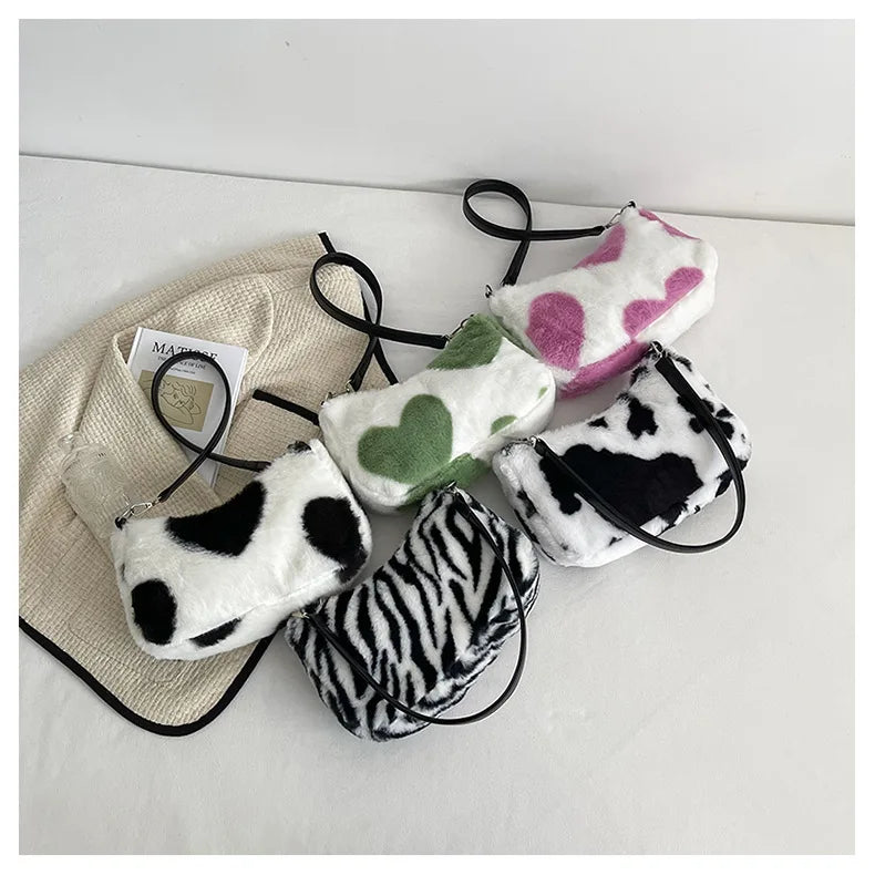 Women Plush Love Handbags Autumn/Winter Shoulder Bags Geometric Pattern Bags