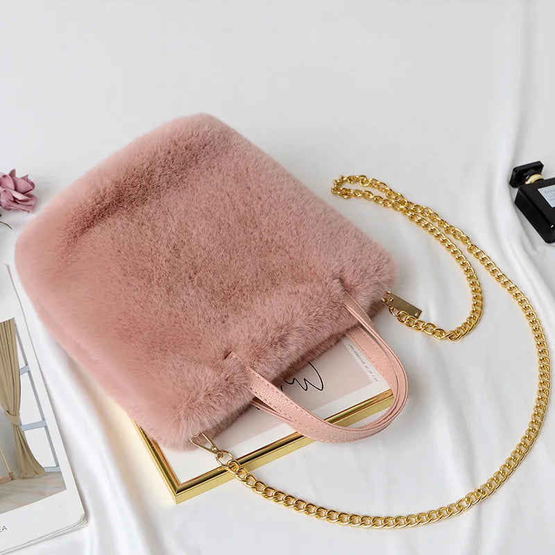 Women Plush Shoulder Bag Soft Faux Fur Ladies Chain Messenger Bags