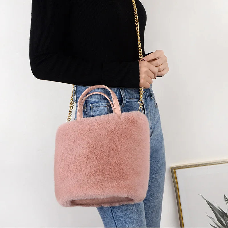 Women Plush Shoulder Bag Soft Faux Fur Ladies Chain Messenger Bags