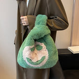 Women Plush Smiley Handbag Buckle Shoulder Bag Soft Ladies Winter
