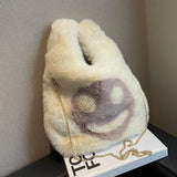 Women Plush Smiley Handbag Buckle Shoulder Bag Soft Ladies Winter