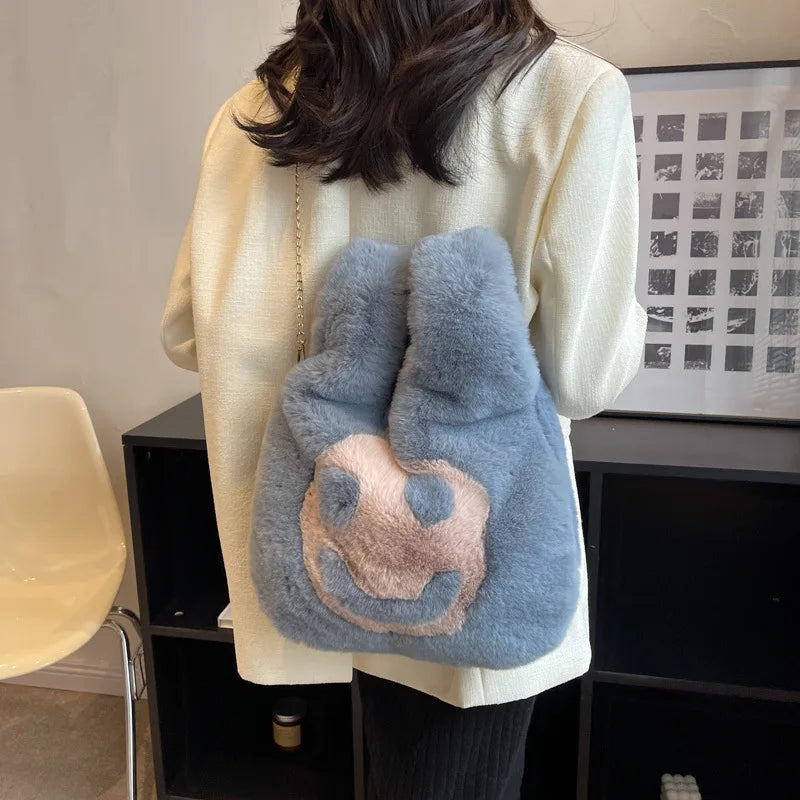 Women Plush Smiley Handbag Buckle Shoulder Bag Soft Ladies Winter