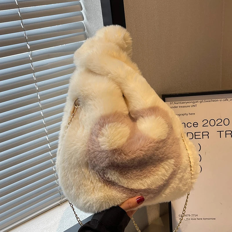 Women Plush Smiley Handbag Buckle Shoulder Bag Soft Ladies Winter