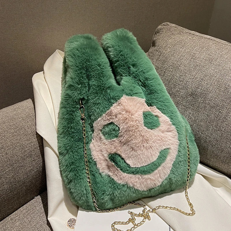 Women Plush Smiley Handbag Buckle Shoulder Bag Soft Ladies Winter