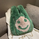 Women Plush Smiley Handbag Buckle Shoulder Bag Soft Ladies Winter