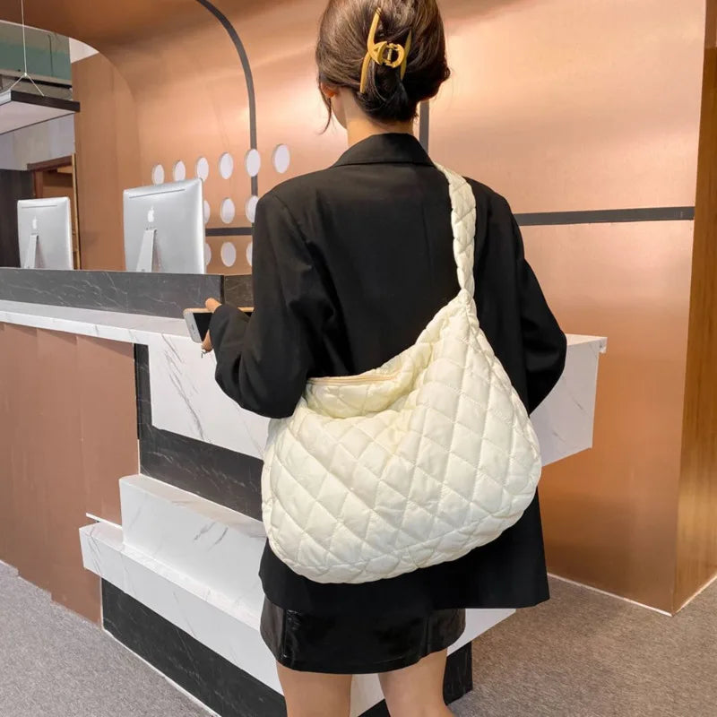 Women Puffy Handbag Winter Quilted Tote Bag Plaid Shoulder Bags