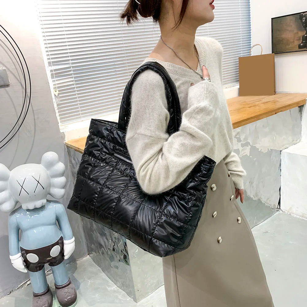 Vintage Quilted Shoulder Bag Solid Nylon Tote Handbag