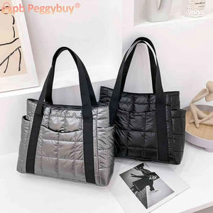 Women Quilted Lattice Shoulder Nylon Bag Solid Large Tote Handbags