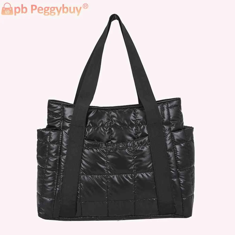 Women Quilted Lattice Shoulder Nylon Bag Solid Large Tote Handbags
