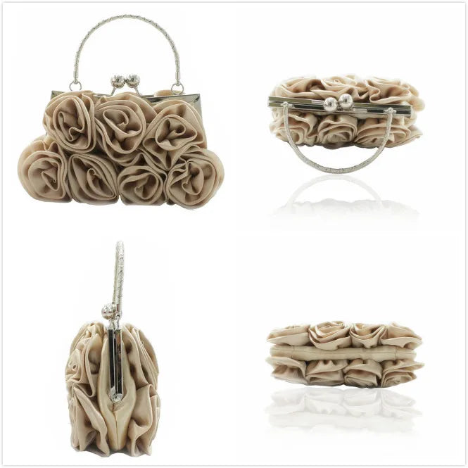 Satin Rose Handbag Evening Wedding Purse Flower Clutch Bag