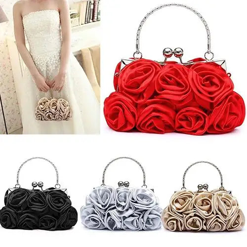 Satin Rose Handbag Evening Wedding Purse Flower Clutch Bag