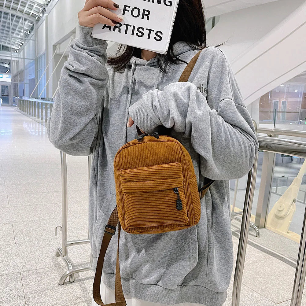 Women School Corduroy Solid Backpack Autumn Winter Small Rucksack