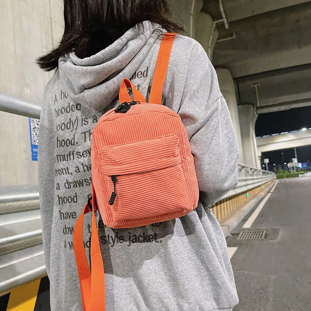 Women School Corduroy Solid Backpack Autumn Winter Small Rucksack