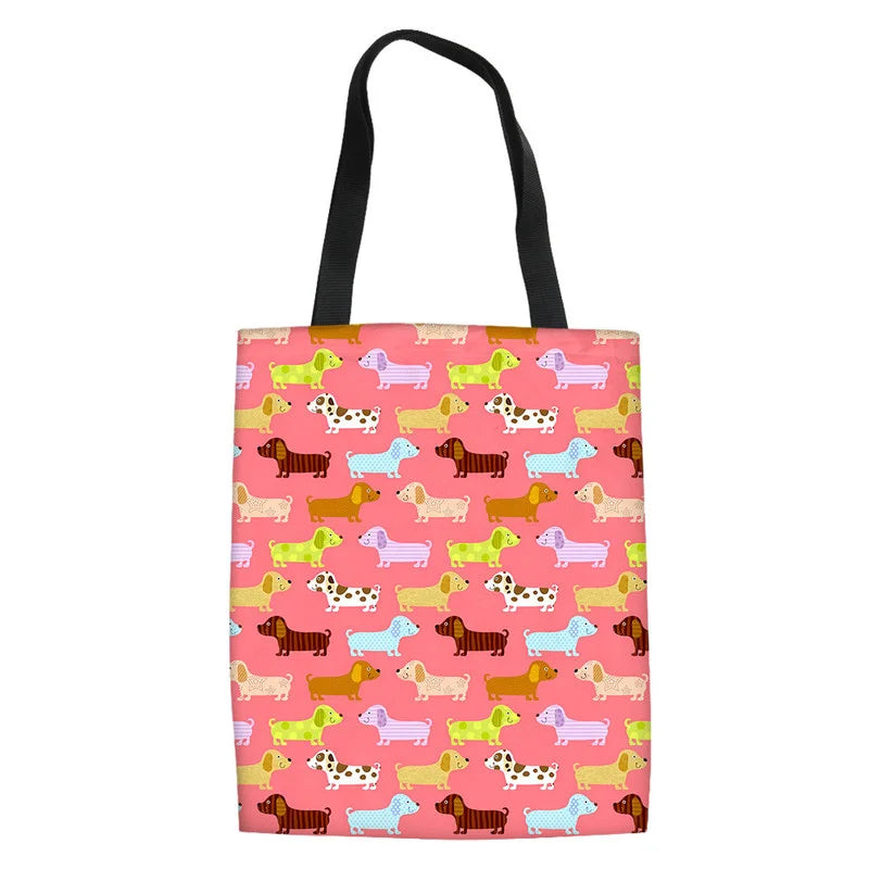 Cartoon Dog Cat Fish Print Canvas Tote Bag