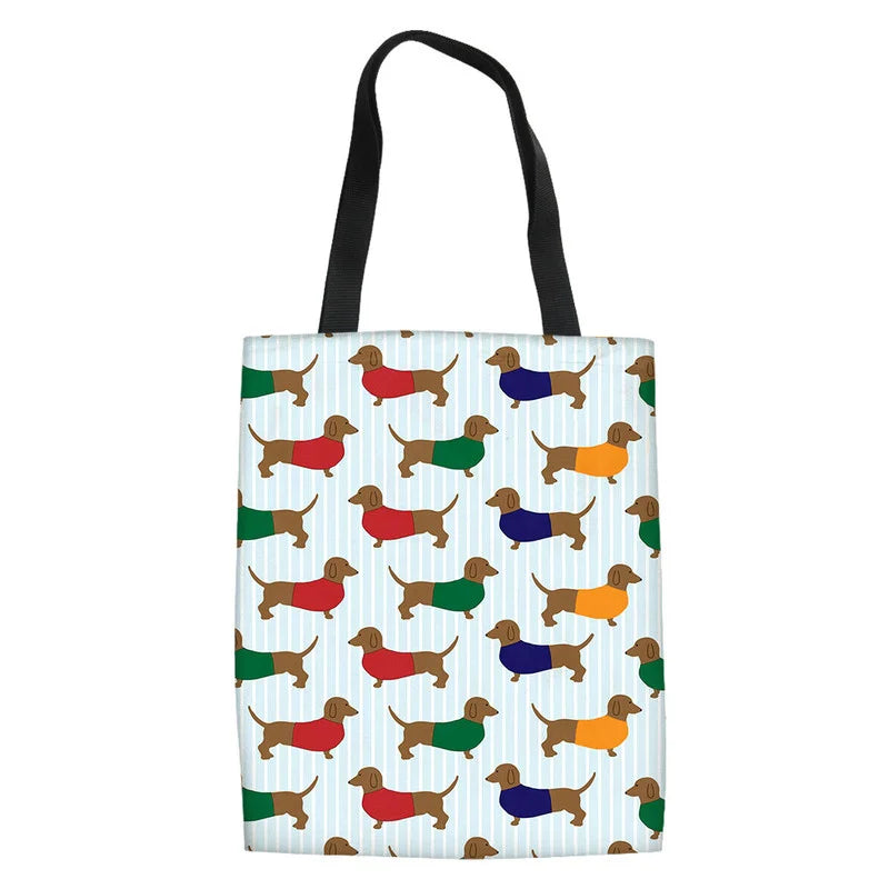 Cartoon Dog Cat Fish Print Canvas Tote Bag
