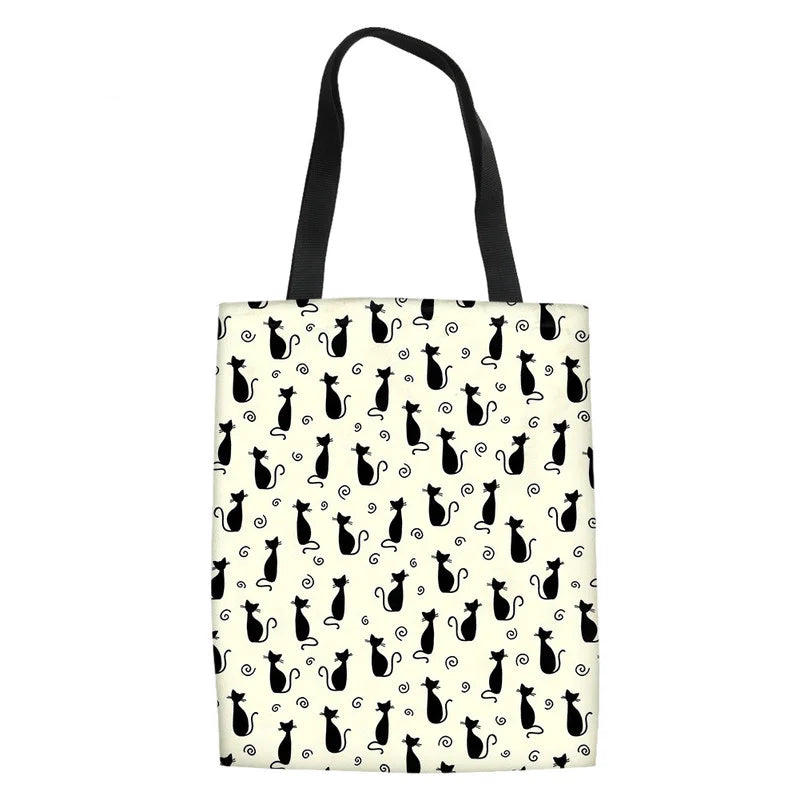 Cartoon Dog Cat Fish Print Canvas Tote Bag