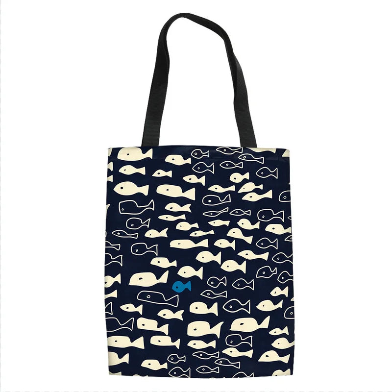 Cartoon Dog Cat Fish Print Canvas Tote Bag