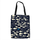 Cartoon Dog Cat Fish Print Canvas Tote Bag