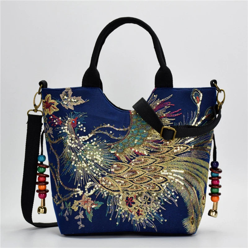 Ethnic Style Peacock Embroidery Shoulder Bag Retro Handbag