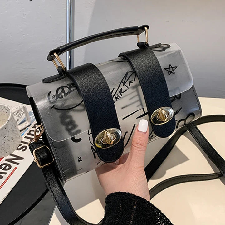 Women Shoulder Bag PVC Transparent Graffiti Handbag Small Messenger Square Bags