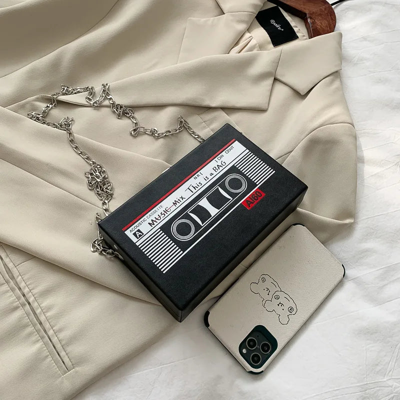 Funny Cartoon Tape Recorder Shoulder Bag PU Leather Crossbody Clutch