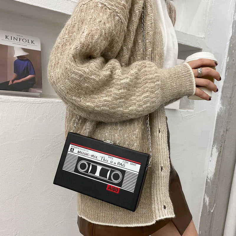 Funny Cartoon Tape Recorder Shoulder Bag PU Leather Crossbody Clutch