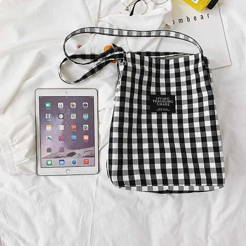 Canvas Plaid Women Shoulder Tote Bag Eco Shopping Handbag