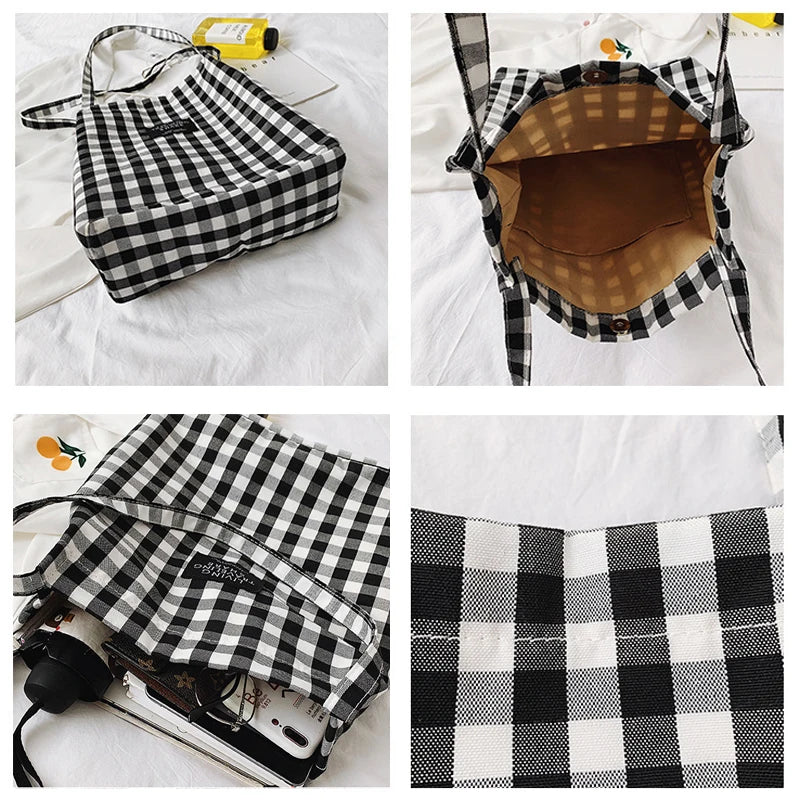 Canvas Plaid Women Shoulder Tote Bag Eco Shopping Handbag