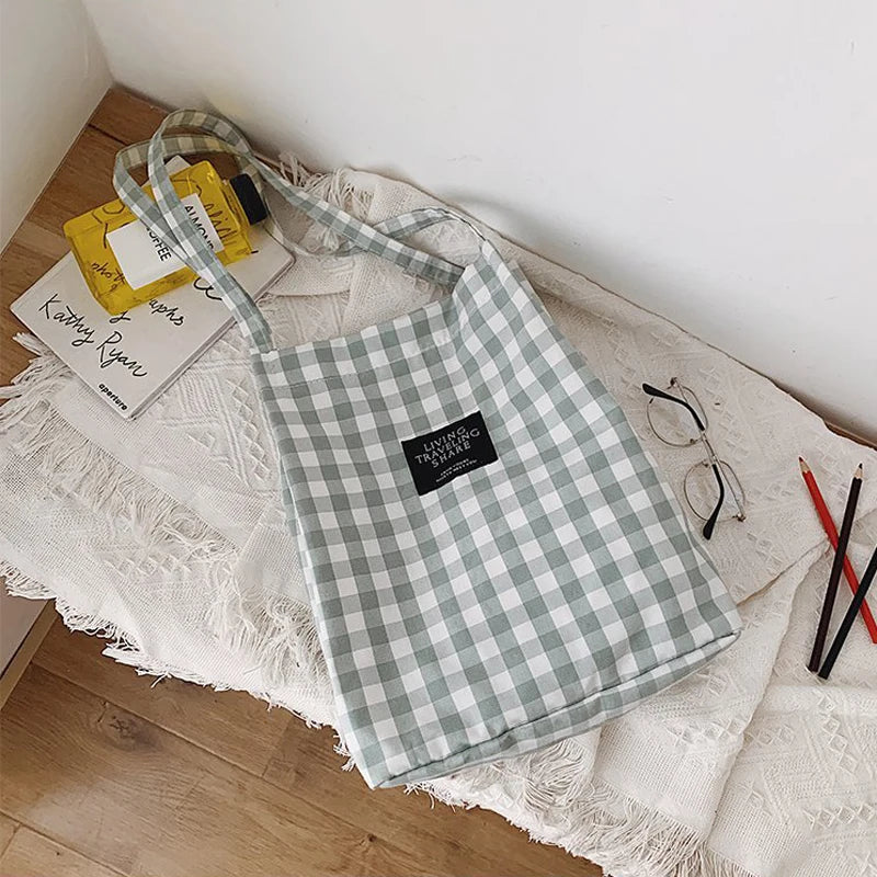 Canvas Plaid Women Shoulder Tote Bag Eco Shopping Handbag