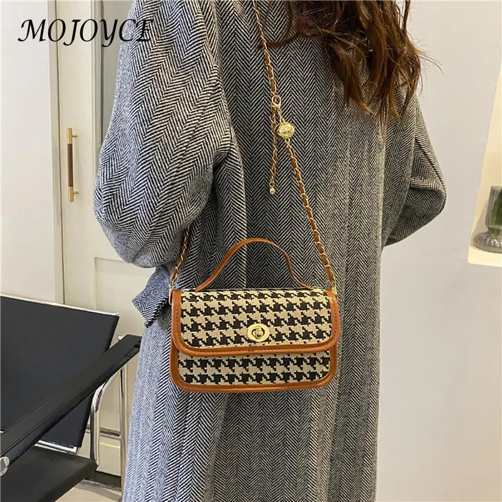 Women Shoulder Bag Woolen Cloth Flap Crossbody Bag Houndstooth Handbags