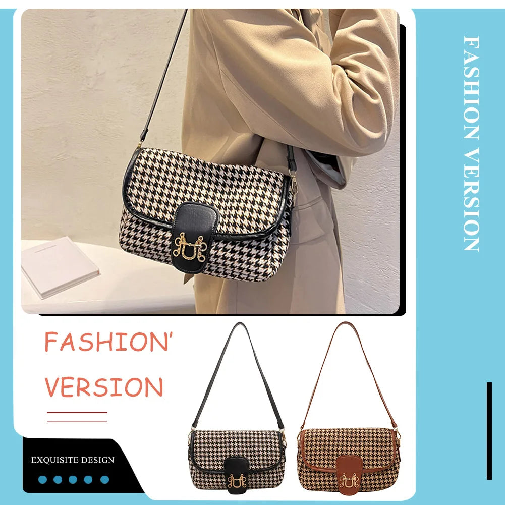 Women Shoulder Bag Woolen Cloth Flap Purse Variety of Colors Houndstooth Print