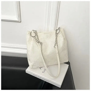 Corduroy Shoulder Bag Metal Ring Chain Handbag Vintage Style