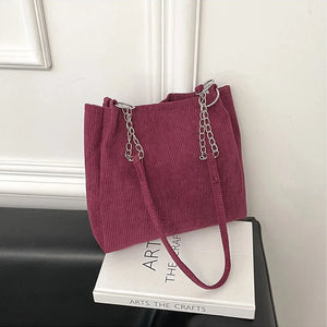 Corduroy Shoulder Bag Metal Ring Chain Handbag Vintage Style