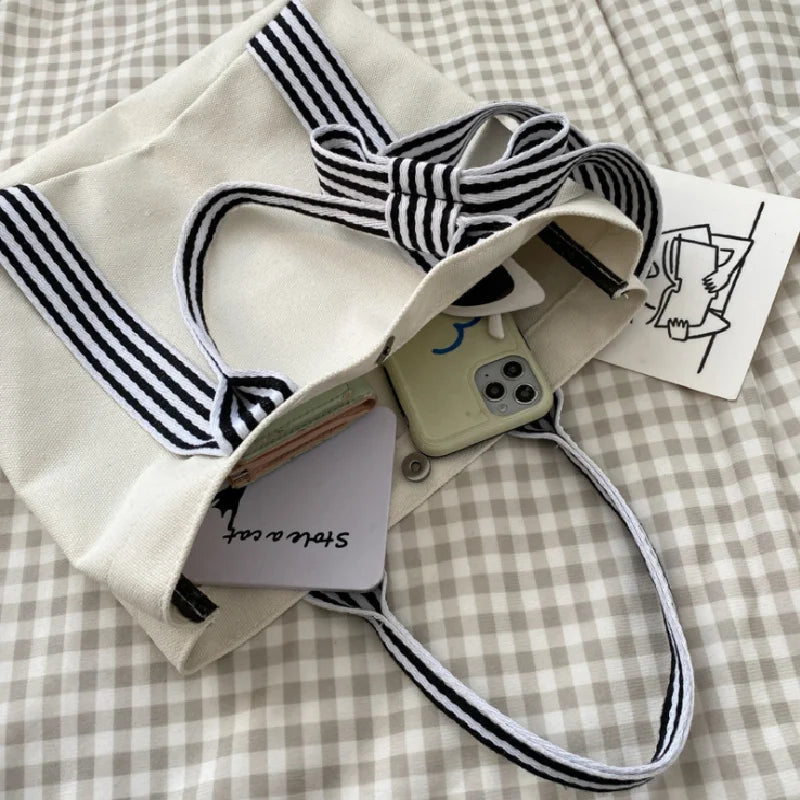 Bow Tote Bag Large Capacity Canvas Bag with Striped Strap