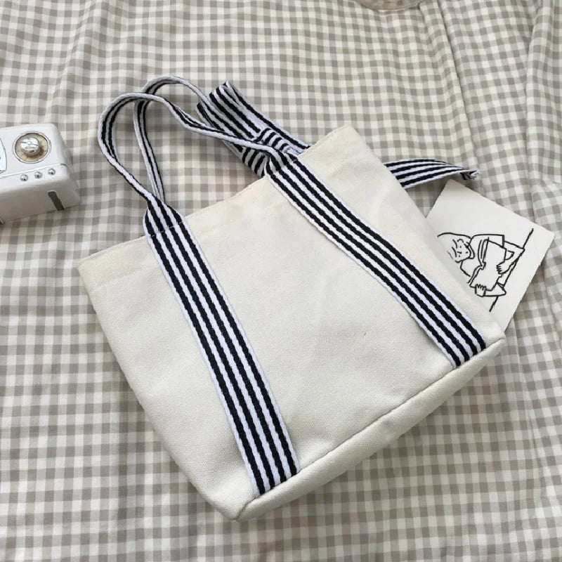Bow Tote Bag Large Capacity Canvas Bag with Striped Strap