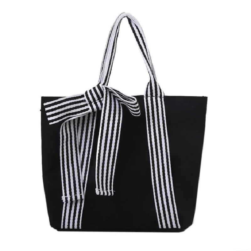 Bow Tote Bag Large Capacity Canvas Bag with Striped Strap