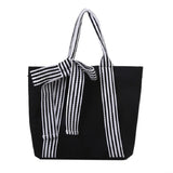 Bow Tote Bag Large Capacity Canvas Bag with Striped Strap
