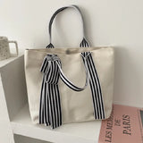 Bow Tote Bag Large Capacity Canvas Bag with Striped Strap