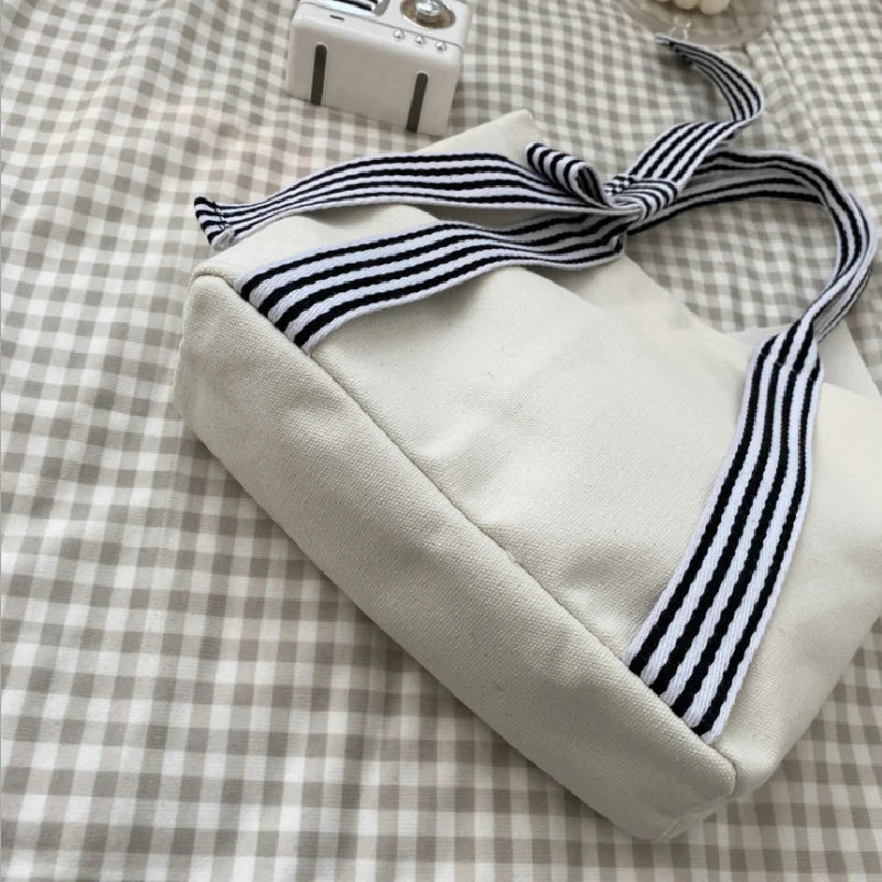 Bow Tote Bag Large Capacity Canvas Bag with Striped Strap