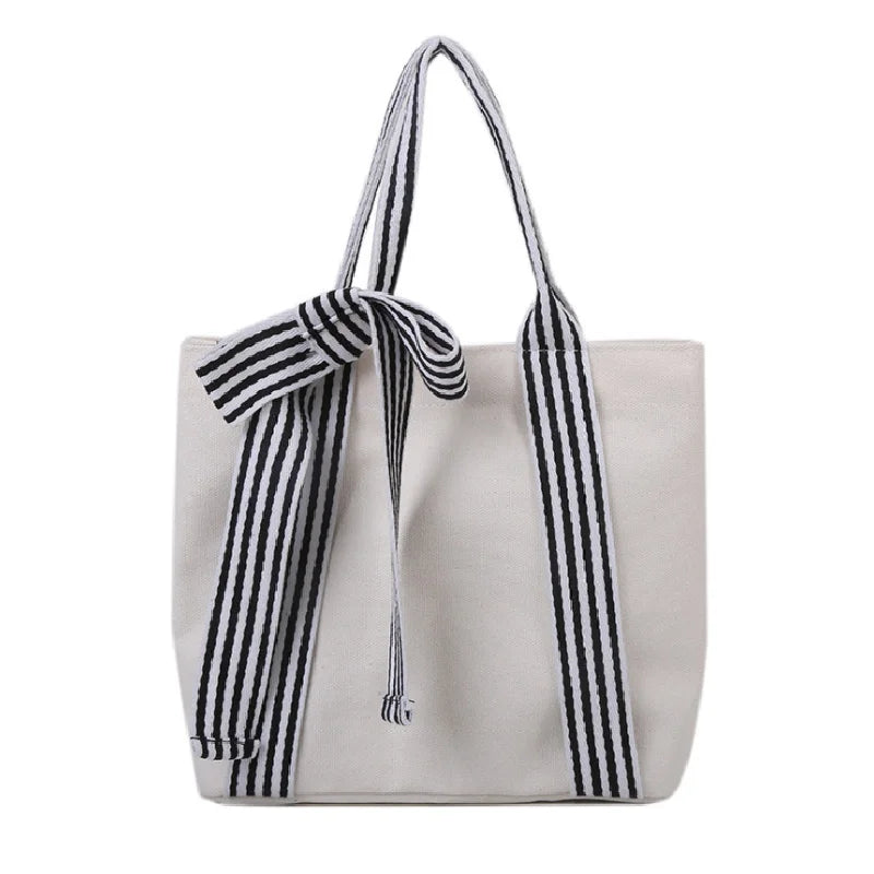 Bow Tote Bag Large Capacity Canvas Bag with Striped Strap