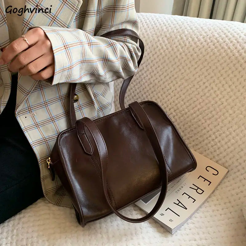 Brown PU Leather Shoulder Bag Vintage Zipper Large Capacity Underarm Handbag